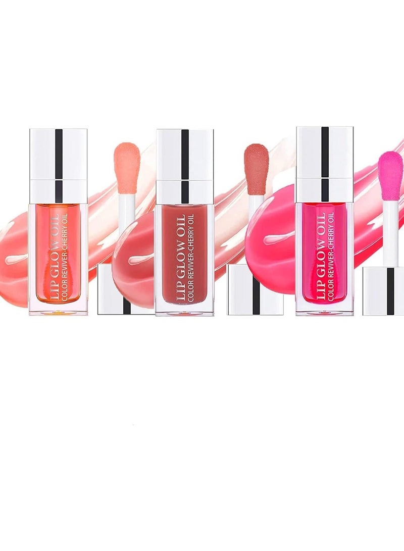 ChicAbode 3 Pcs Plumping Lip Oil, Hydrating Gloss Tinted Balm, Care Transparent Toot Long Lasting Nourishing Glow Non-sticky Big Brush Glitter Shine Primer Tint, 001Pink + 012Rosewood + 003Raspberry - Image 1